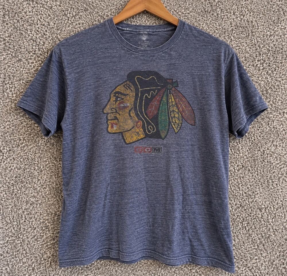 Chicago Blackhawks Logo CCM Distressed Premium Tri-Blend T-Shirt WOMENS LARGE